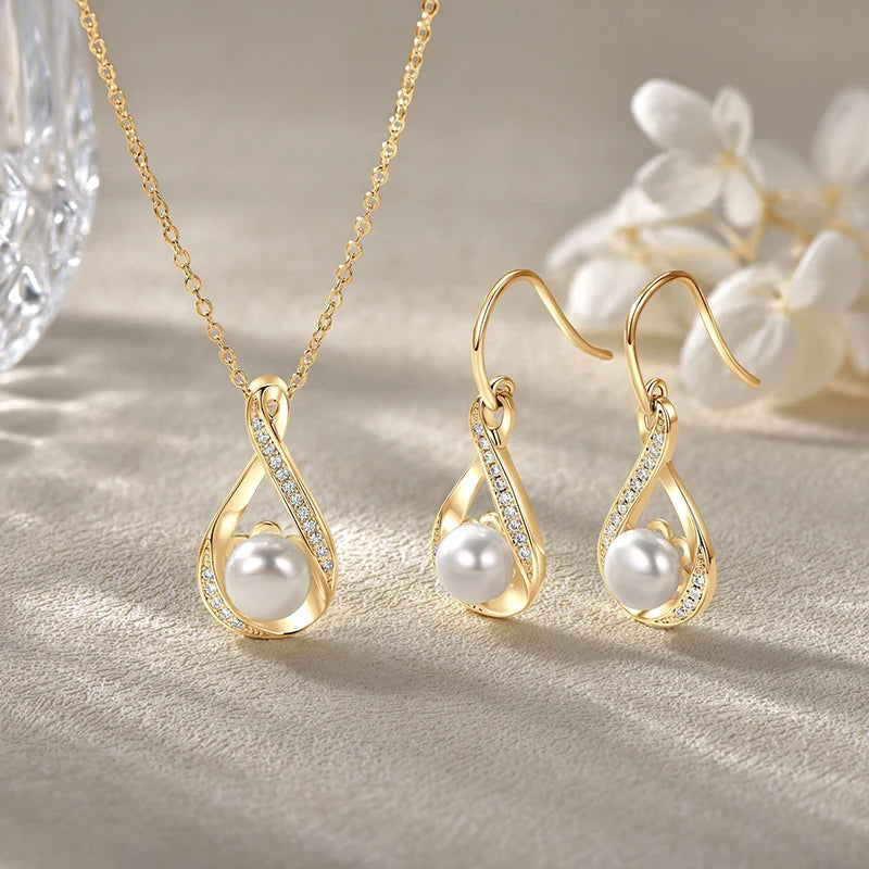 OXTAO 8-9mm Pearl Necklace& Earring Jewelry Set 14K Gold Filled Moissanite Infinity Charm Necklaces Wedding Promise Band Jewelry