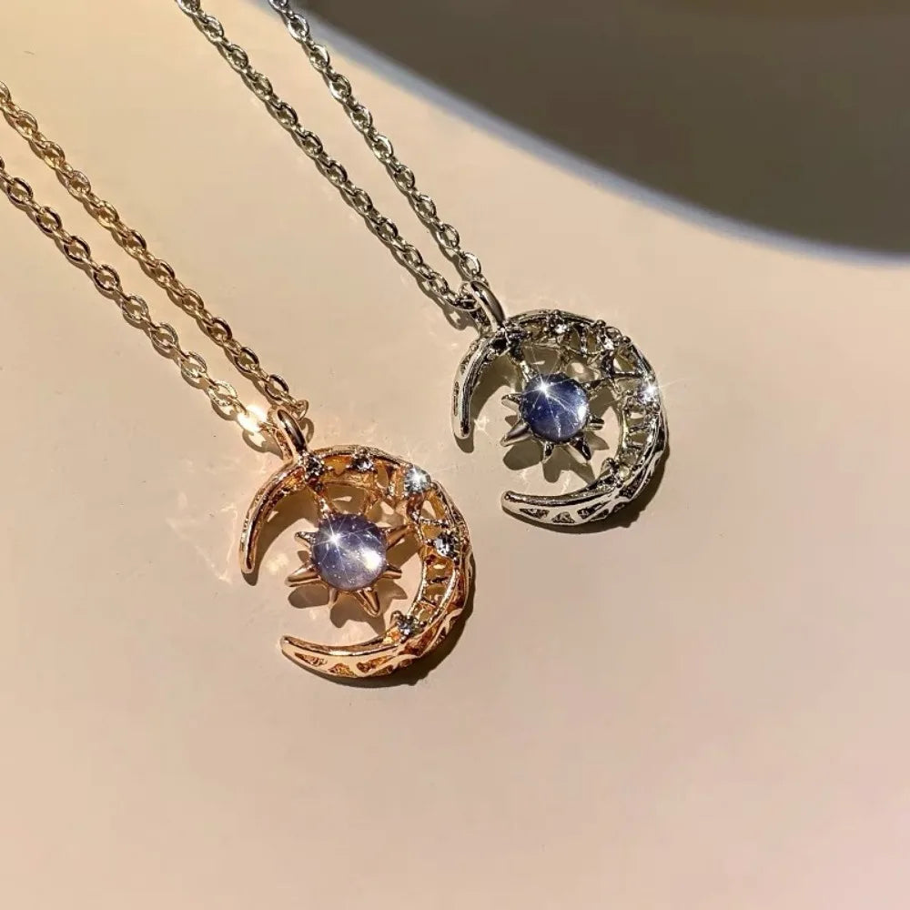 Simple Delicate Elegant Fashion Dream Star Sun Moon Moonstone Necklace Female Collar Chain Wedding Party Pendant NecklaceJewelry