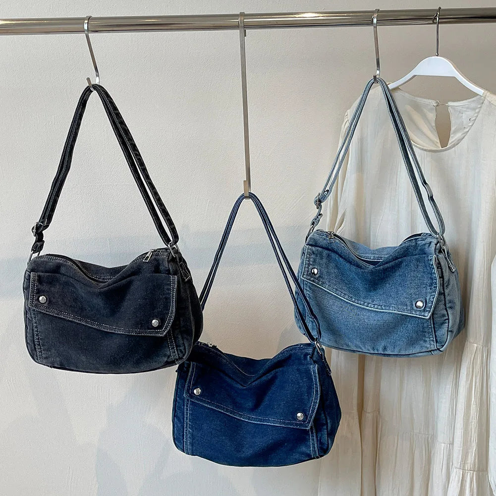 Denim Tote Bag Casual Retro Women Aesthetic Crossbody Bag Handbag Lightweight Jean Purses with Adjustable Strap Travel Shopper