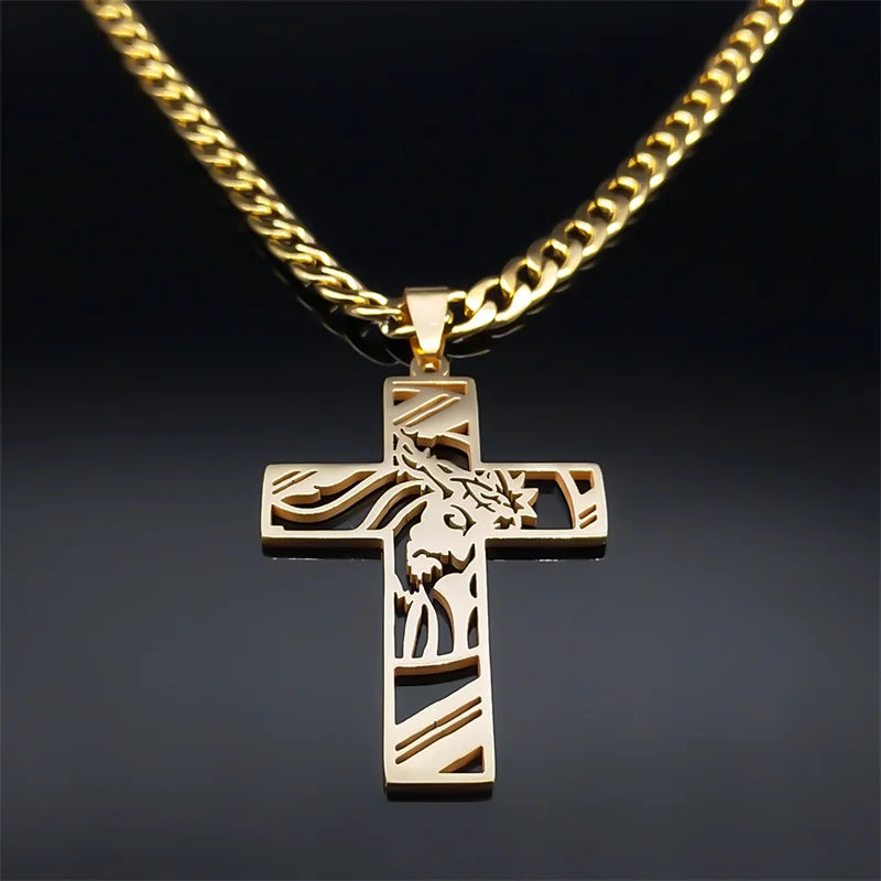 Crown of Thorns Jesus Cross Necklace Stainless Steel Gold Plated Crucifix Pendant Necklaces Jewelry