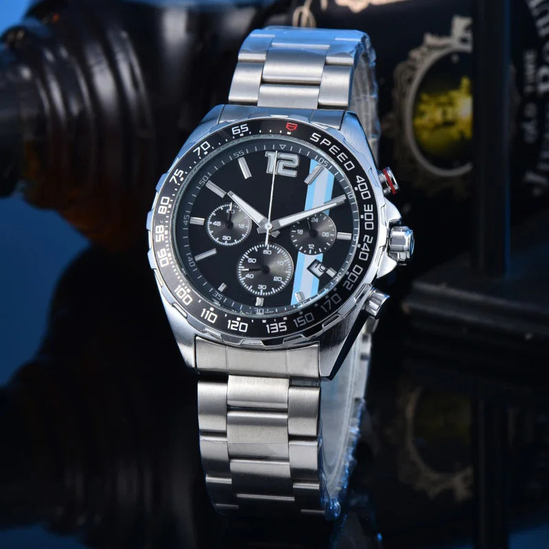 Men Racing Sport Quartz Chronograph Watch Stainless Steel Metal Bracelet 3 Sub-Dials Multicolor Dial Optional Tachymeter Bezel Date Calendar Luminous Waterproof Large Dial Business Casual Male Wrist Clock