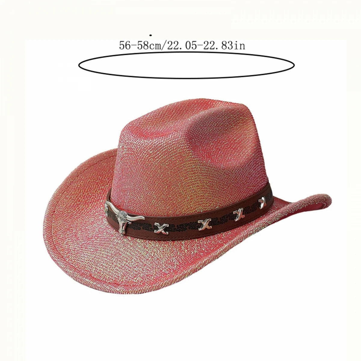 Western Style Glitter Cowgirl Hat with Shining Belt and Cow Head Decor for Outdoors