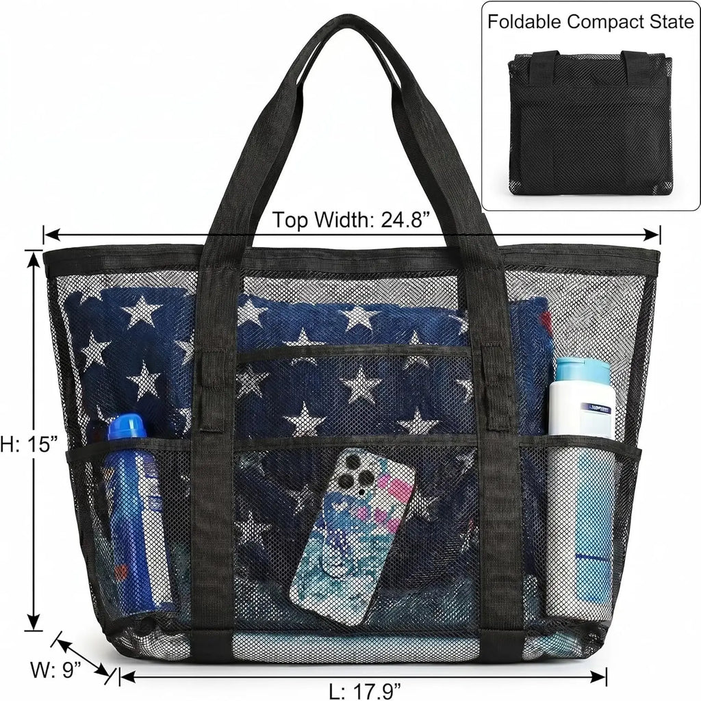 Mesh Beach Bag Family - Large Tote Bag 9 Pockets for Swim Pool Toys Cruise Beach Vacation Essentials mbzr