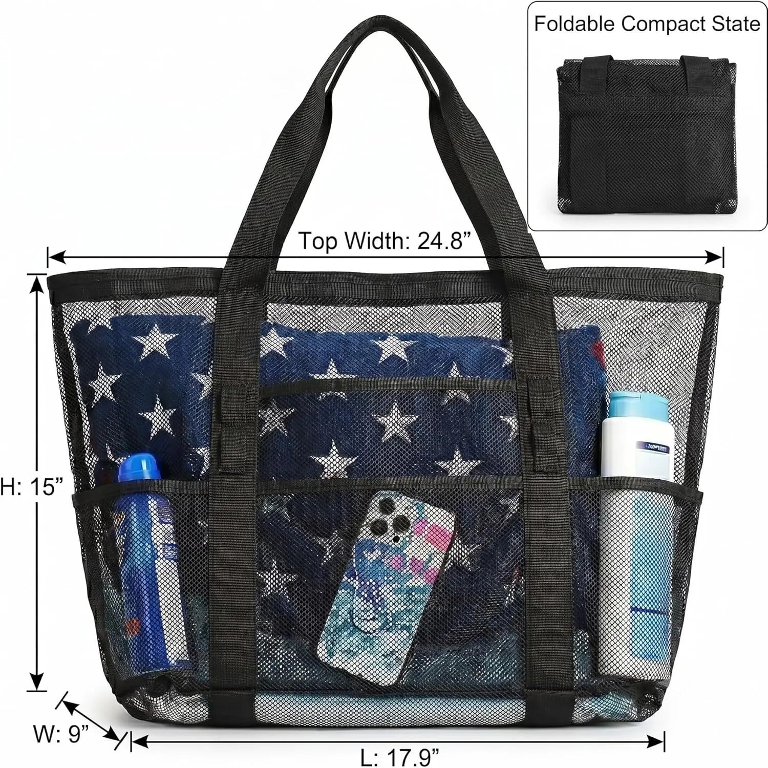 Mesh Beach Bag Family - Large Tote Bag 9 Pockets for Swim Pool Toys Cruise Beach Vacation Essentials mbzr