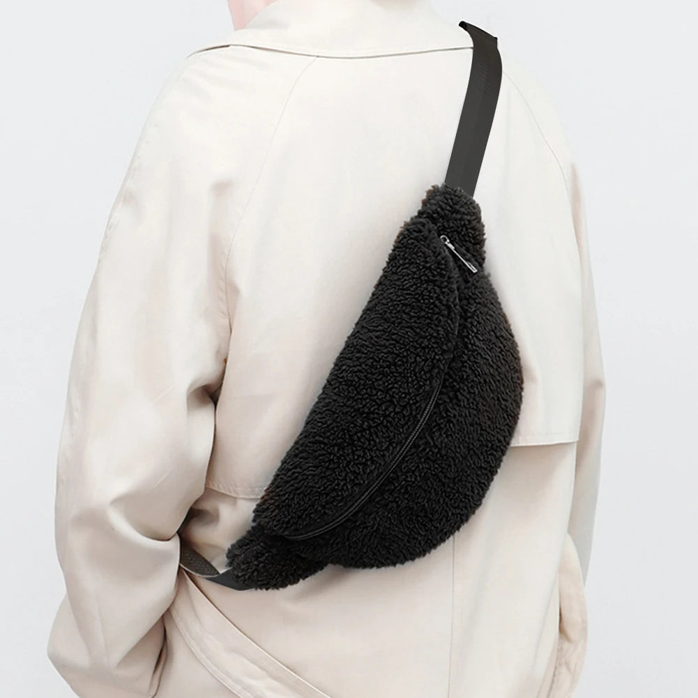 Unisex Solid Shoulder Bag Zipper Closure Fluffy Sling Bag Fashion Multifunctional Foldable Lightweight Autumn Winter Daily Bag mbzr