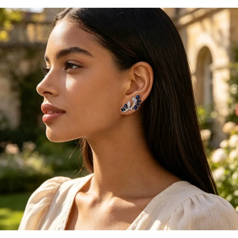 Dainty Silver Color Blue Crystal Feather Ear Climbers Trendy Pear Cut Zirconia Crawler Earrings Daily Wear Fine Jewelry Anniversary Gift