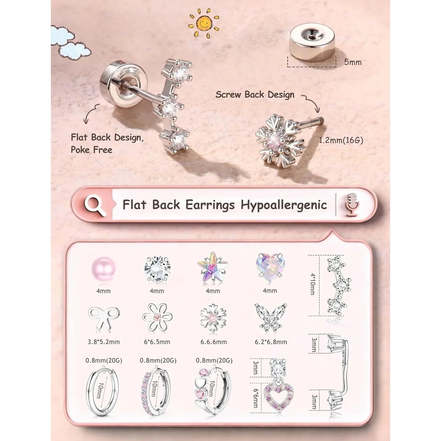 14 Pairs Hypoallergenic Flat Back Earrings for Women-Surgical Stainless Steel Earrings for Sensitive Ears-Cute Flatback Stud Earring Set Small Hoops Cartilage Earring Stacks