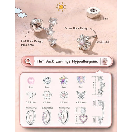 14 Pairs Hypoallergenic Flat Back Earrings for Women-Surgical Stainless Steel Earrings for Sensitive Ears-Cute Flatback Stud Earring Set Small Hoops Cartilage Earring Stacks