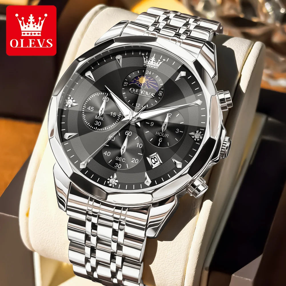OLEVS 3673 Original Fashion Moon Phase Men's Watches Waterproof Chronograph Quartz Watch Stainless steel Calendar Wristwatch mbzr