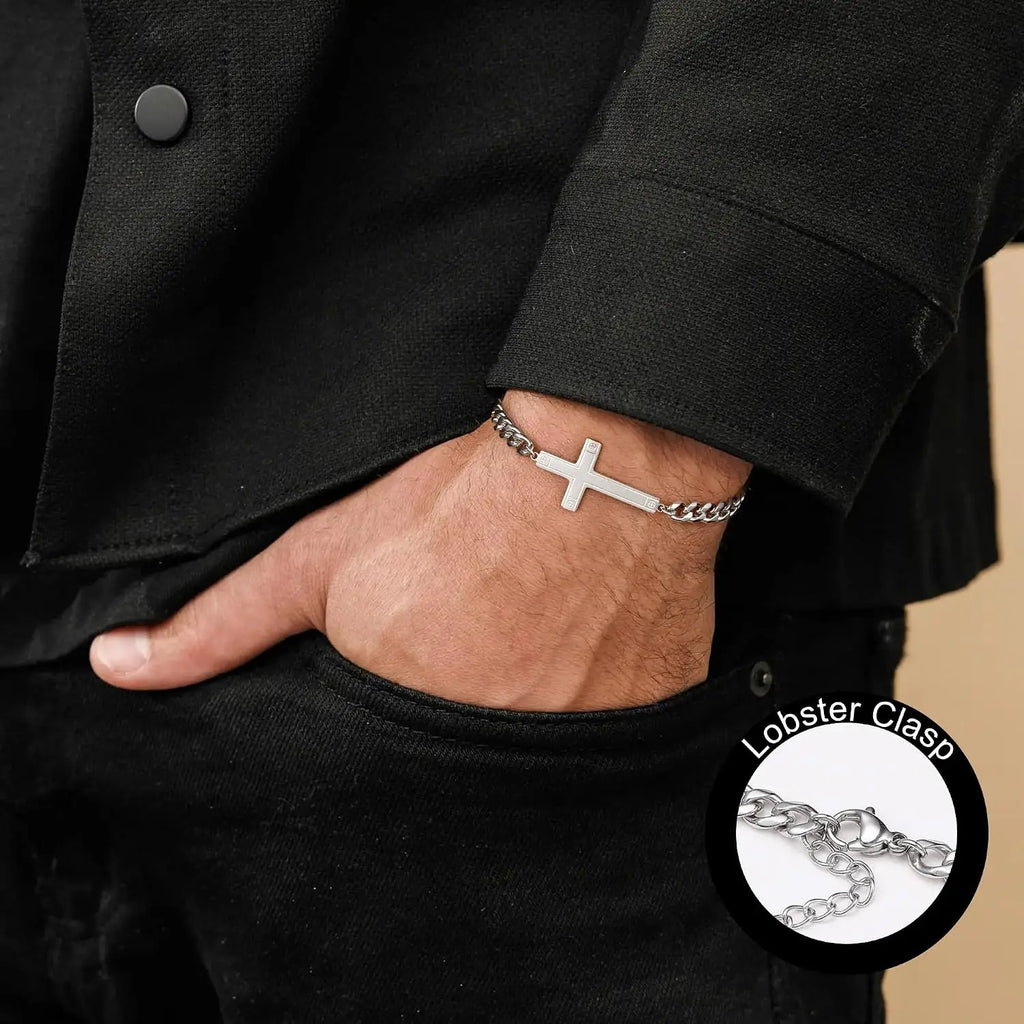 Cross Bracelet for Men - Stainless Steel Adjustable 5MM Cuban/Figaro Link Chain Cross Bracelet Non Tarnish 7+2 Inches, Christian Religious Jesus Confirmation Jewelry Gifts for Men