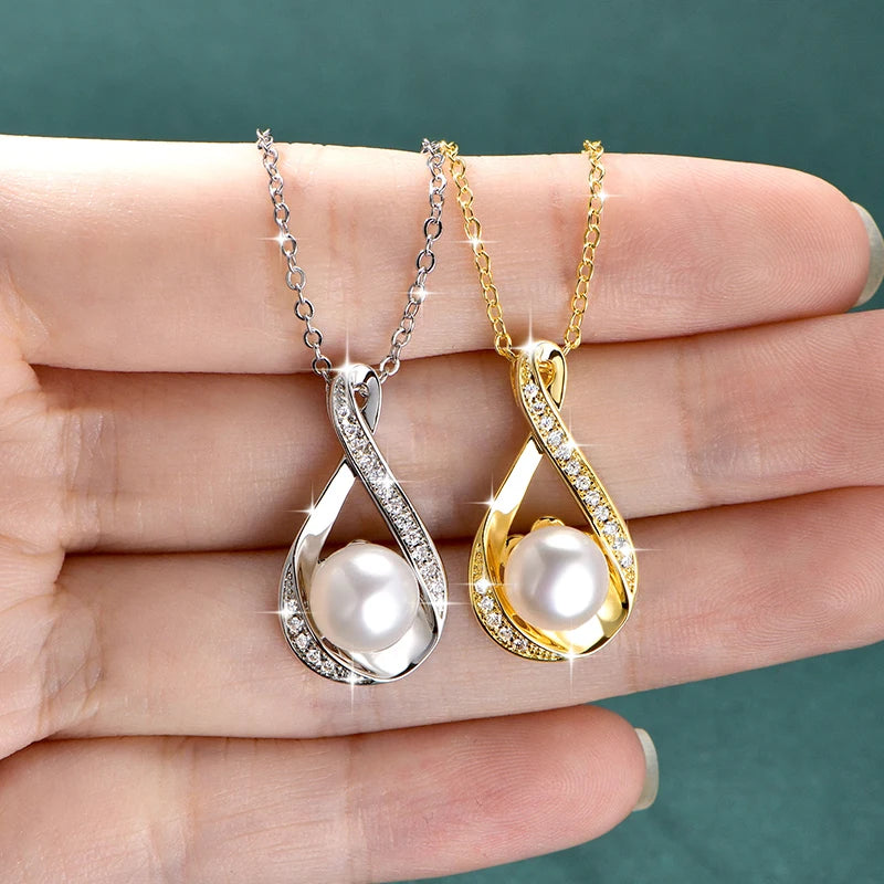 OXTAO Natural Freshwater Pearl Infinity Pendant Necklace Engagement Wedding Anniversary Jewelry Gifts Moissanite Charm Necklaces with Certified