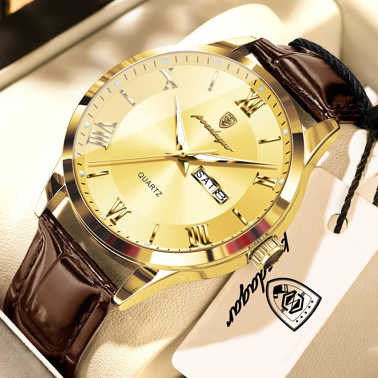 POEDAGAR Original Fashion Men's Watches Leather Date Week High Quality Quartz Men Wristwatch Waterproof Luminous Business Watches For Man Male Reloj