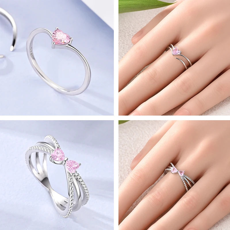 Anillos Apilables de Plata Esterlina 925 (Nuevos) – Lazo Rosa + Corazón (Tema Amor), Adecuados para Mujer y Chica mbzr