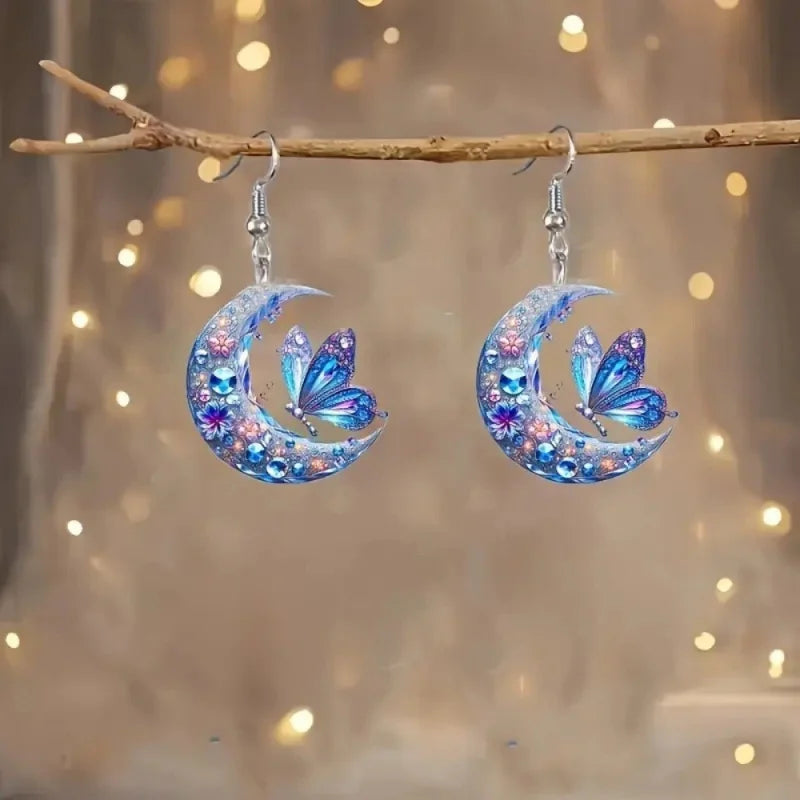 1 pair of Van Gogh starry sky pattern acrylic earrings, moon black cat unique ladies earrings