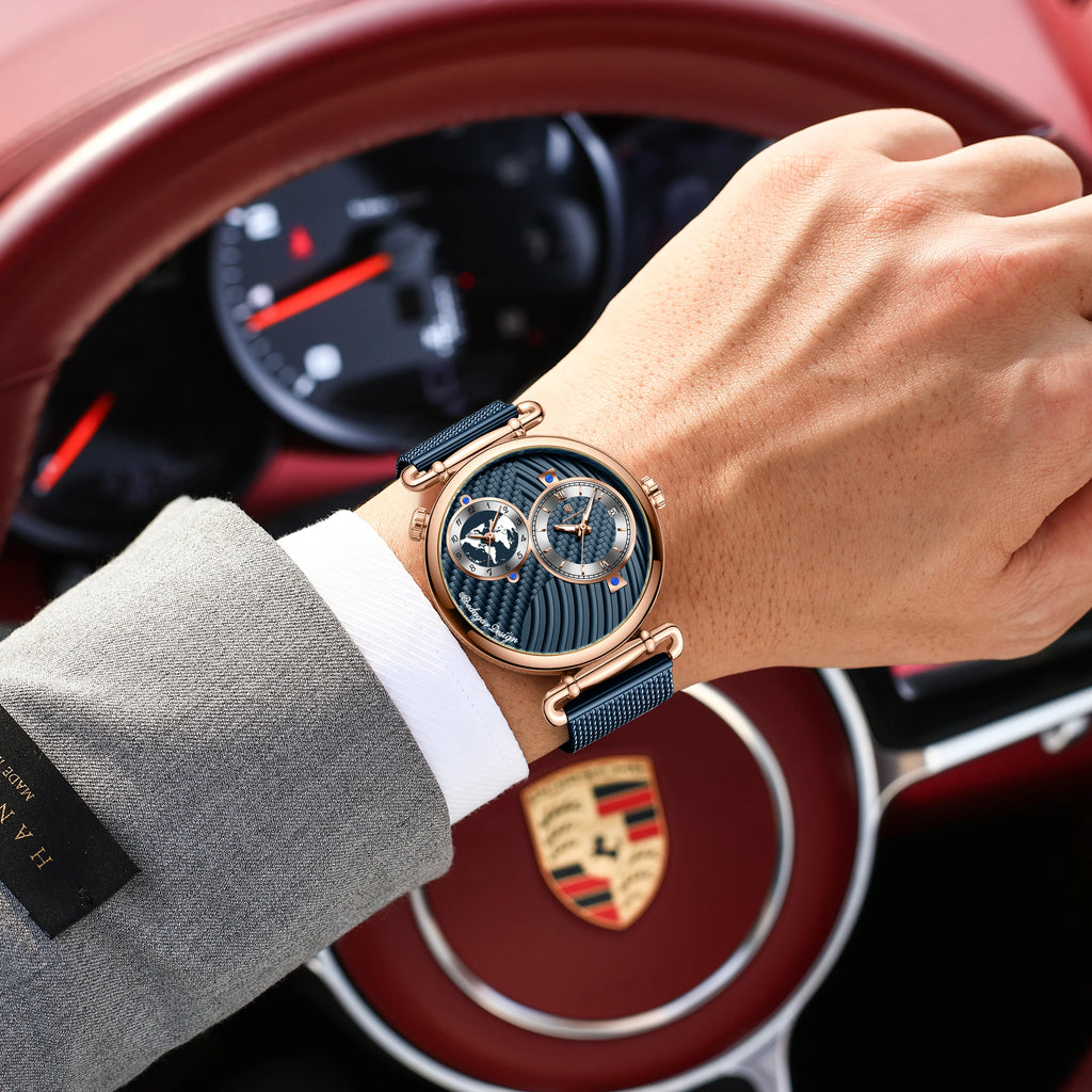 POEDAGAR Original Fashion Man Wristwatch Multiple Time Zone Display Waterproof Calendar Men Watch Mesh Stainless Steel Quartz Business Men's Watches Reloj