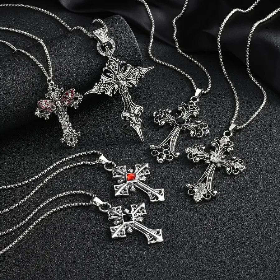 Vnox Gothic Cross Pendant Necklace, Vintage Punk Alloy Cross Chain, Religious Amulet Jewelry Gift for Men Women Hip Hop Necklac