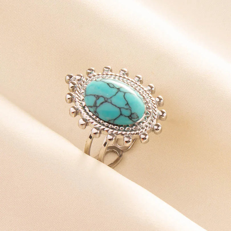 1pc Stainless Steel Boho Turquoise Open Finger Rings Trendy Adjustable Women Multi Layers Stackable