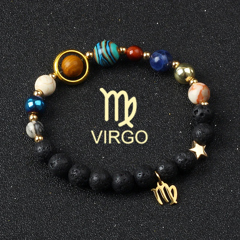 Universe Galaxy Eight Planets 12 Constellation Bracelets for Women Natural Stone Solar System Bracelets Libra Virgo Leo Jewelry