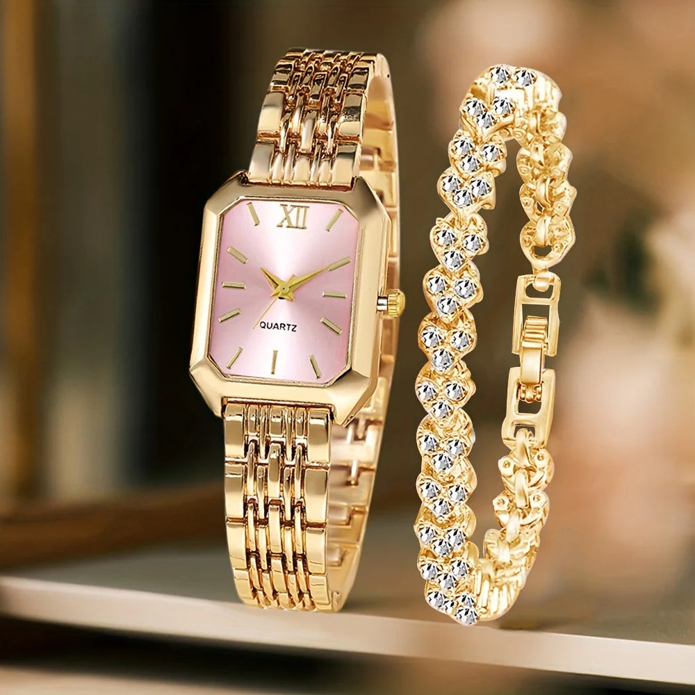2PCS Fashion Rectangle Women Quartz Watch Rhinestone Bracelet Set Ladies Roma Dial Wristwatch Reloj Mujer Girls Clock Gift mbzr