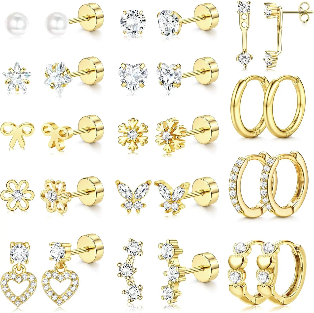 14 Pairs Hypoallergenic Flat Back Earrings for Women-Surgical Stainless Steel Earrings for Sensitive Ears-Cute Flatback Stud Earring Set Small Hoops Cartilage Earring Stacks