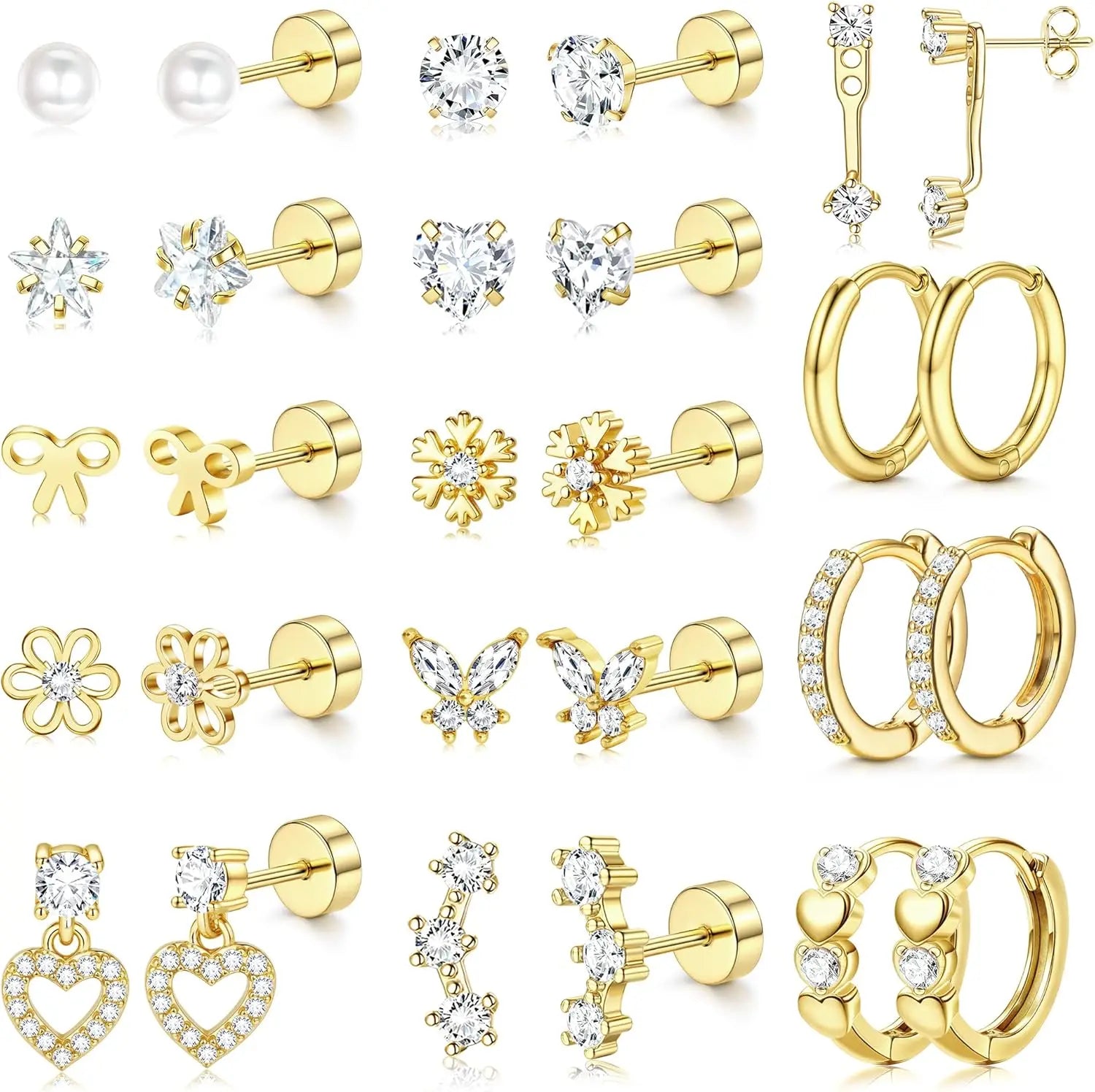 14 Pairs Hypoallergenic Flat Back Earrings for Women-Surgical Stainless Steel Earrings for Sensitive Ears-Cute Flatback Stud Earring Set Small Hoops Cartilage Earring Stacks