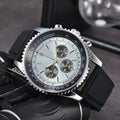 Men Quartz Chronograph Watch Silver Alloy Case Tachymeter Scale Bezel Date Display Soft Silicone Rubber Strap Sports Male Wrist Watch