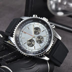Men Quartz Chronograph Watch Silver Alloy Case Tachymeter Scale Bezel Date Display Soft Silicone Rubber Strap Sports Male Wrist Watch