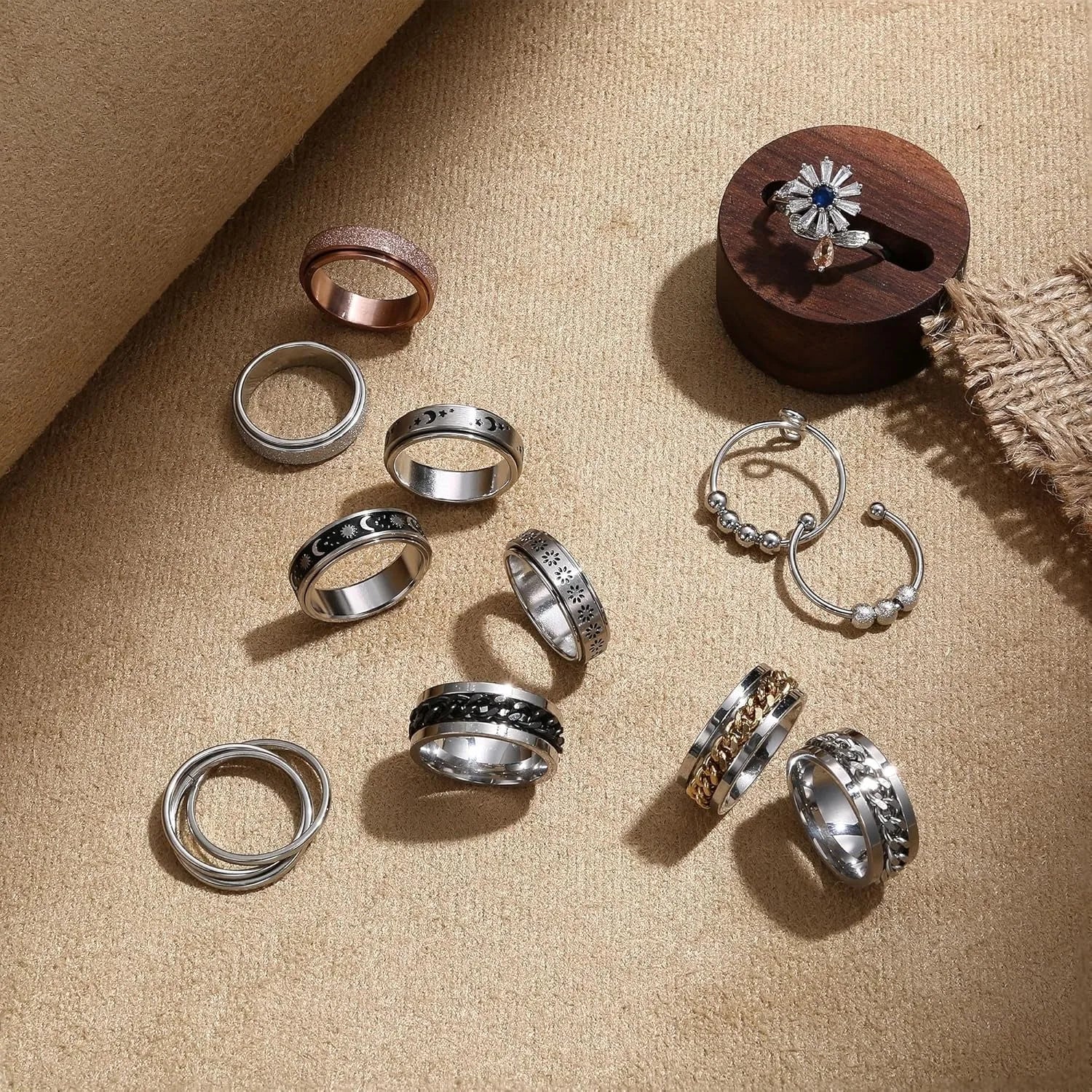 12Pcs Stainless Steel Fidget Rings for Women Men Anxiety Spinner Ring Adjustable Flower Moon Star Stress Relieving Fidget Spinning Ring Wedding Band Rings Set