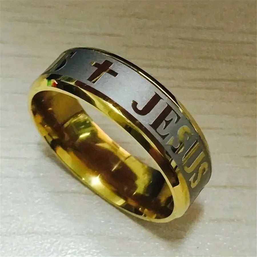 1pc Large Size 8mm 316 Titanium Steel 18K Silver Plated Gold Plated Jesus Cross Letter Bible Wedding Ring