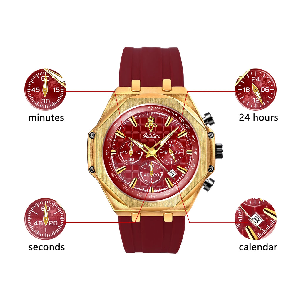 YaLaLuSi Octagon Gold Case Men Chronograph Watch Burgundy Red Grid Dial Silicone Strap Tachymeter Multi Sub Dial Date Waterproof Sports Quartz Wristwatch