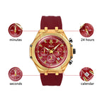 YaLaLuSi Octagon Gold Case Men Chronograph Watch Burgundy Red Grid Dial Silicone Strap Tachymeter Multi Sub Dial Date Waterproof Sports Quartz Wristwatch