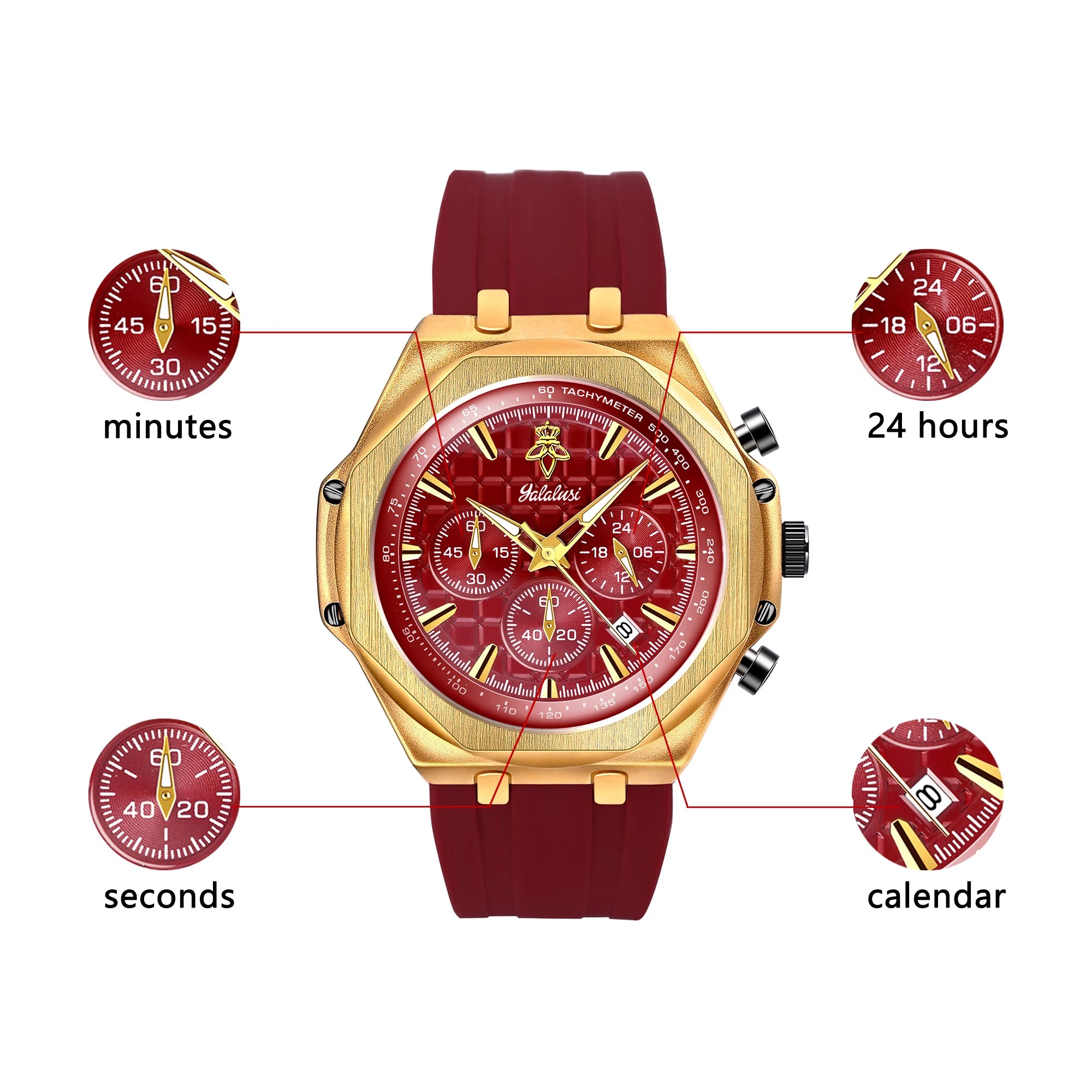 YaLaLuSi Octagon Gold Case Men Chronograph Watch Burgundy Red Grid Dial Silicone Strap Tachymeter Multi Sub Dial Date Waterproof Sports Quartz Wristwatch