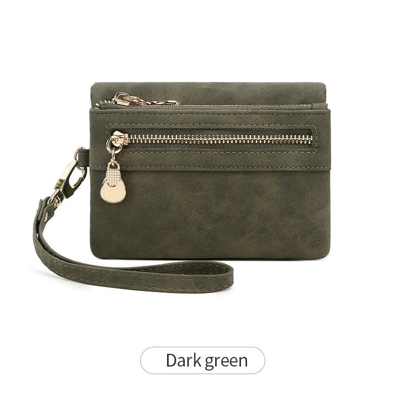 Retro double  fold PU leather short wallet with zipper coin pocket  multiple card slots and wrist band casual portable card clip mbzr