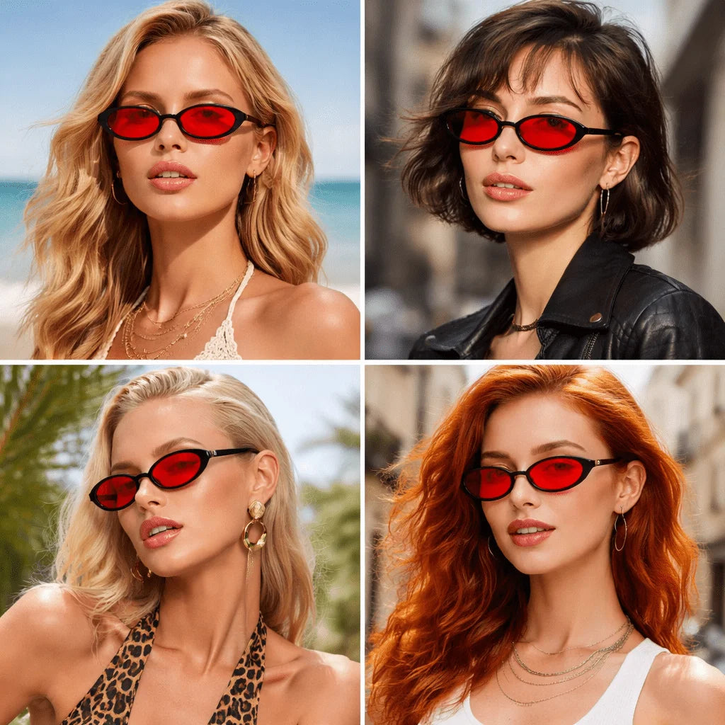 Pair Of Women's Retro Oval Fashion Glasses, Classic Glossy Black Frame With Bright Red Tinted Lens, Full Rim Minimalist Design With Smooth Temples, Sleek Statement Eyewear, Suitable For Daily Wear, Street Style, Travel, Parti mbzr