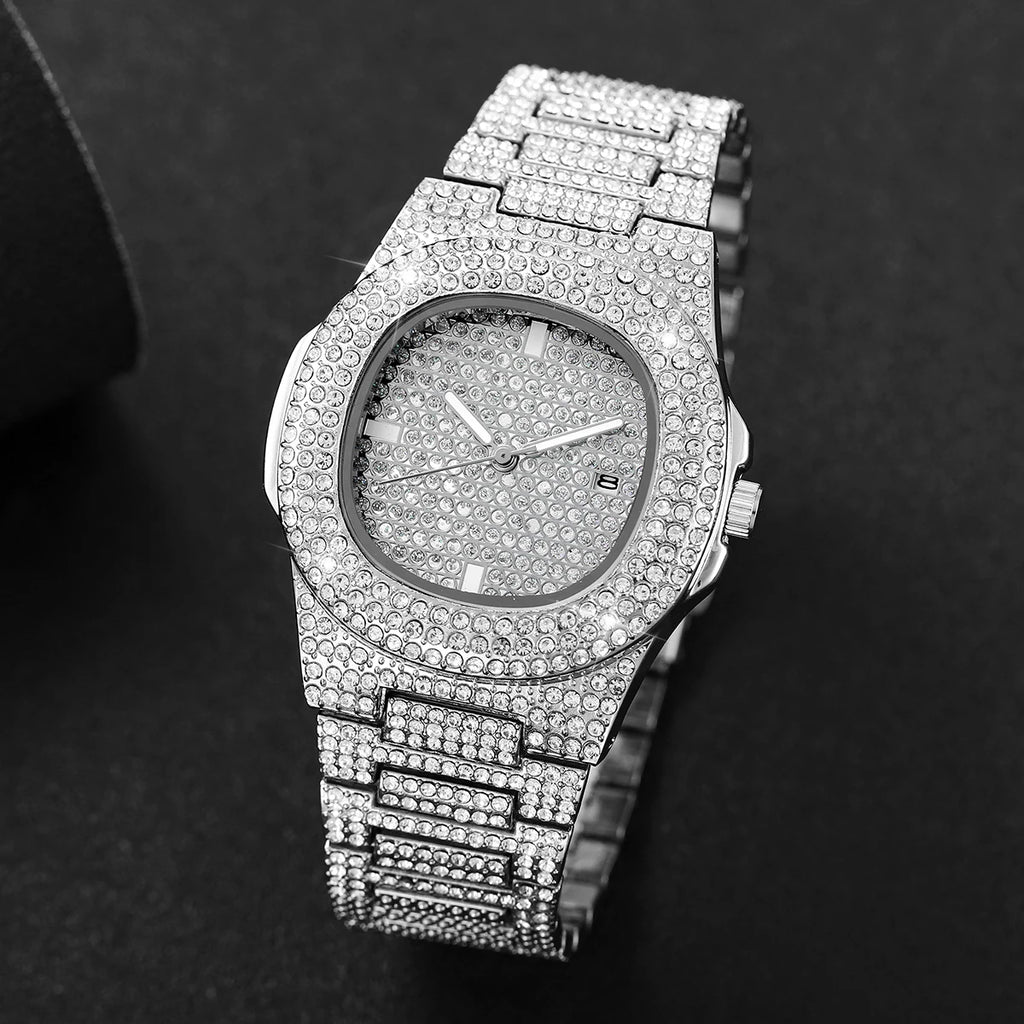Luxury Full Diamond Men's Stainless Steel Watches Male Sports Quartz Wristwatch with Calendar mbzr