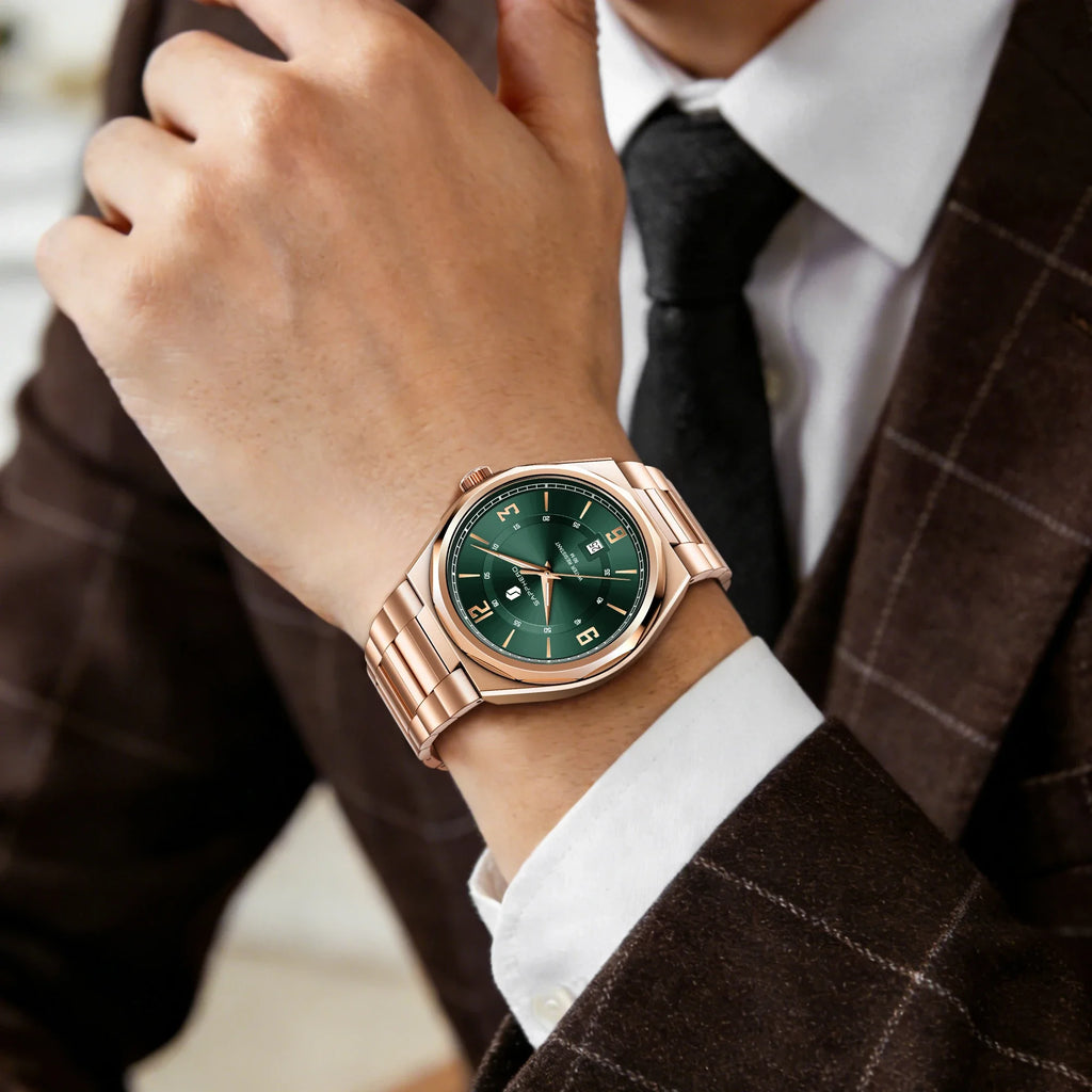 SAPPHERO Men Quartz Watch Luxury Stainless Steel Strap 5ATM Waterproof Hardlex Crystal Business Elegant Dress Wristwatch Gift mbzr