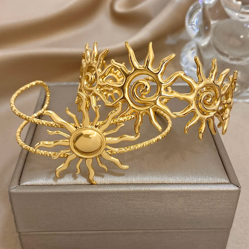 316L Stainless Steel Sunflower Open Cuff  Bangles Bracelet Y2K Gold Plated Waterproof Charms Jewelry Women's Men Gifts