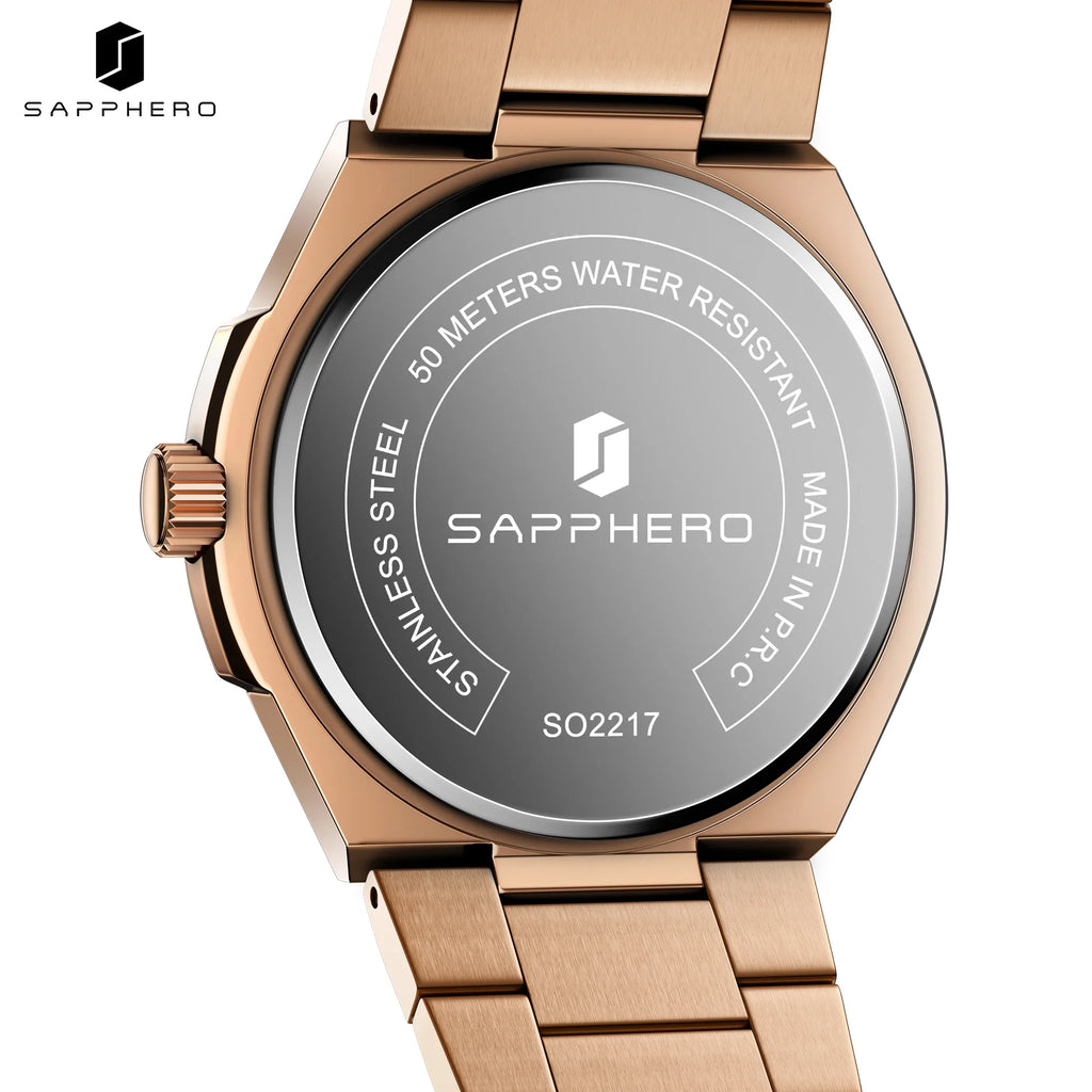SAPPHERO Men Quartz Watch Luxury Stainless Steel Strap 5ATM Waterproof Hardlex Crystal Business Elegant Dress Wristwatch Gift mbzr