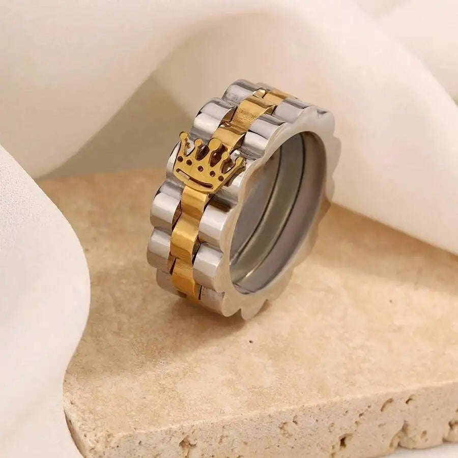 1pc Minimalist Golden Crown Stainless Steel Ring
