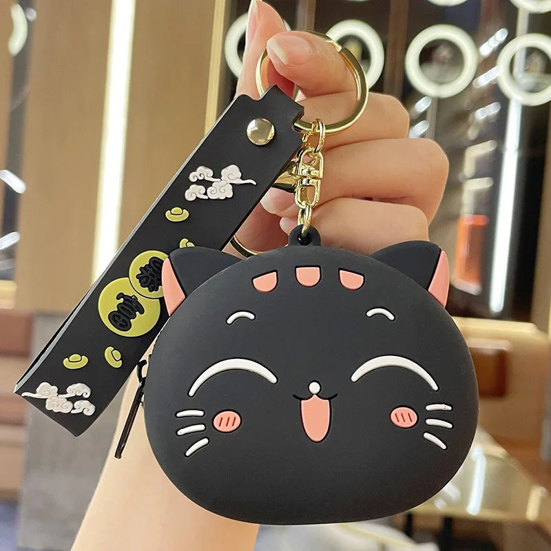 Portable Data Cable Earphone Organizer Coin Key Pouch Cute Cartoon Cat Silicone Coin Purse with Keyring Kawaii Kids Coin Bag