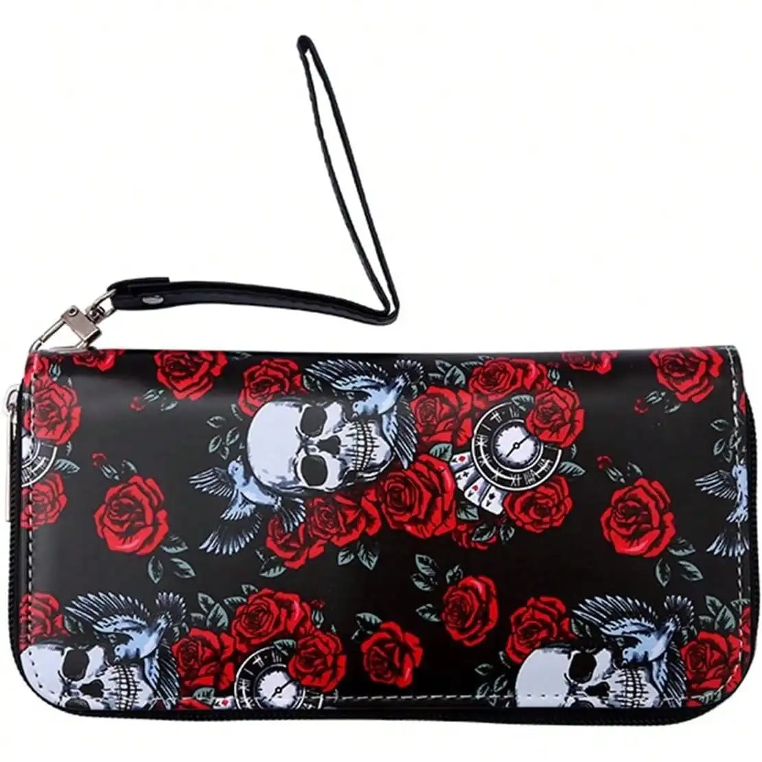 Womens Wallet Wallet Colorful Skull Long Wallet Vintage Print Women's Clutch Bag(Black And Red) mbzr