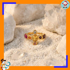 Medieval Retro Cross Colored Treasure Ring Multi-color Splicing Special-shaped Zircon Stainless Steel Ring Court Style