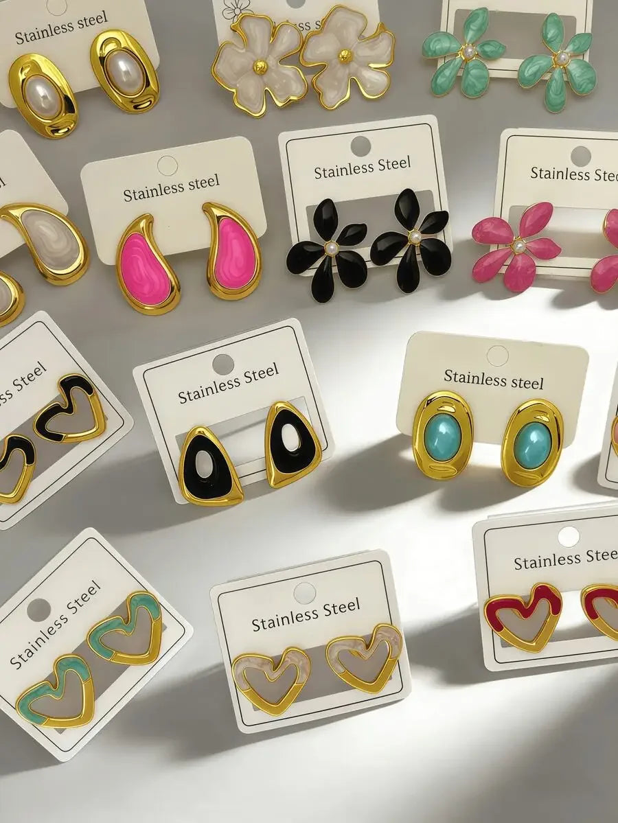 12 Styles Stainless Steel Earrings Heart Flower Drop Geometric Anti-Allergic Fashion Jewelry For Women