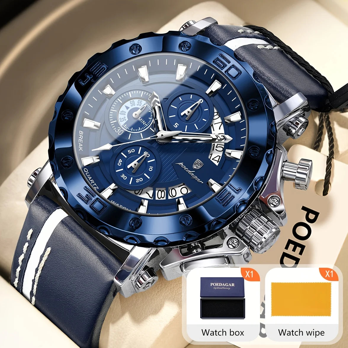 POEDAGAR Original Watches For Man Waterproof Luminous Date Fashion Male Clock Chronograph Leather Quartz Sports Men's Wristwatch Big Dial Male Reloj