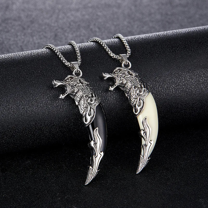 2pcs Black White Wolf Tooth Shape Necklace Set Y2K Stainless Steel Chain Pendant Necklace Jewelry Wedding Party Festival Gifts