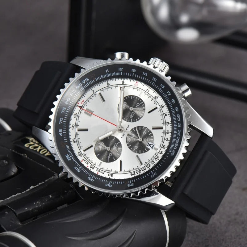 Men Quartz Chronograph Watch Silver Alloy Case Tachymeter Scale Bezel Date Display Soft Silicone Rubber Strap Sports Male Wrist Watch