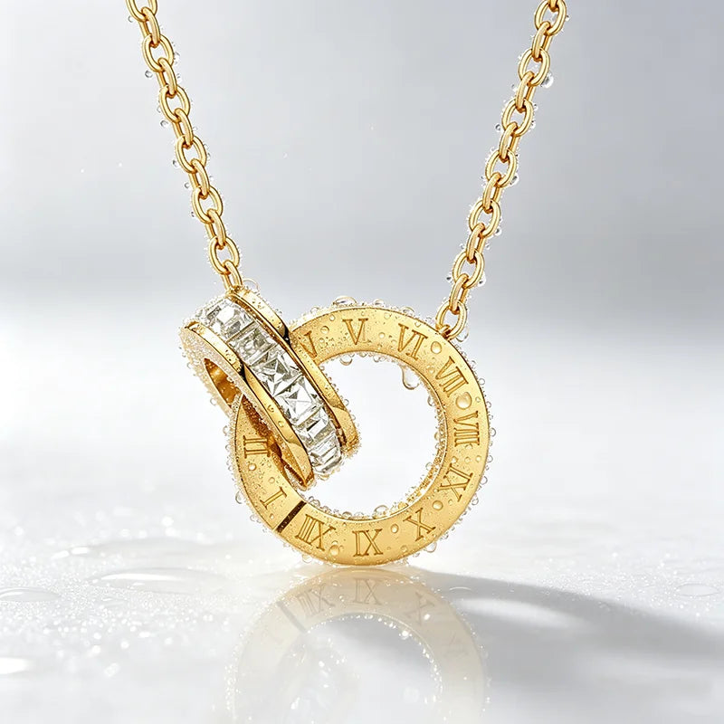 Women Vintage Roman Numeral Interlocking Ring Necklace, 13mm Double Circle Inlaid Zircon Pendant, 316 Stainless Steel Adjustable 50+5cm Chain, Hypoallergenic Waterproof Fade Resistant Daily Wear Jewellery