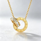 Women Vintage Roman Numeral Interlocking Ring Necklace, 13mm Double Circle Inlaid Zircon Pendant, 316 Stainless Steel Adjustable 50+5cm Chain, Hypoallergenic Waterproof Fade Resistant Daily Wear Jewellery