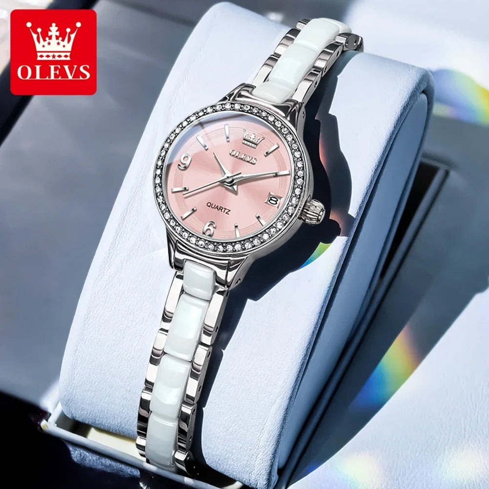 OLEVS Luxury Quartz Watch Women Elegant Ceramics Strap Waterproof Auto Date Luxury Lap Ladies Watches 7093 mbzr