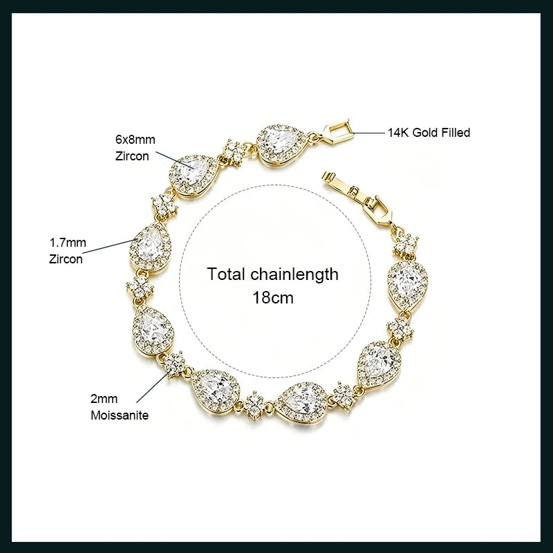 OXTAO 14K Gold Filled Wedding Bridal Bracelet for Brides Moissanite&Zirconia Classic Teardrop Tennis Bracelets D Color VVS1 for Women Girls Jewelry Gift with Certified